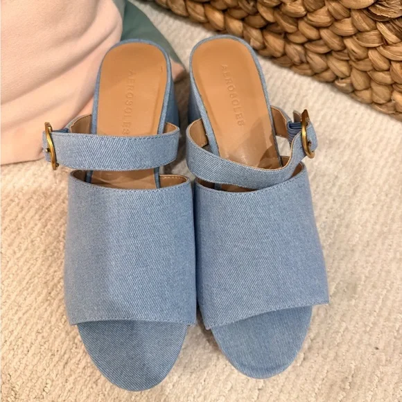 AEROSOLES Light Blue Denim Block Heel Sandals with Gold Buckle - Picture 2 of 3
